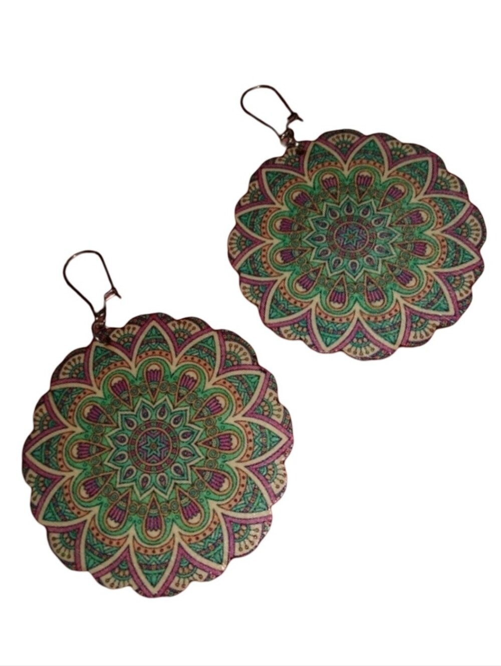 Big Bohemian Flower Mandala Earrings Wood Purple Green Hippie Summer Festival